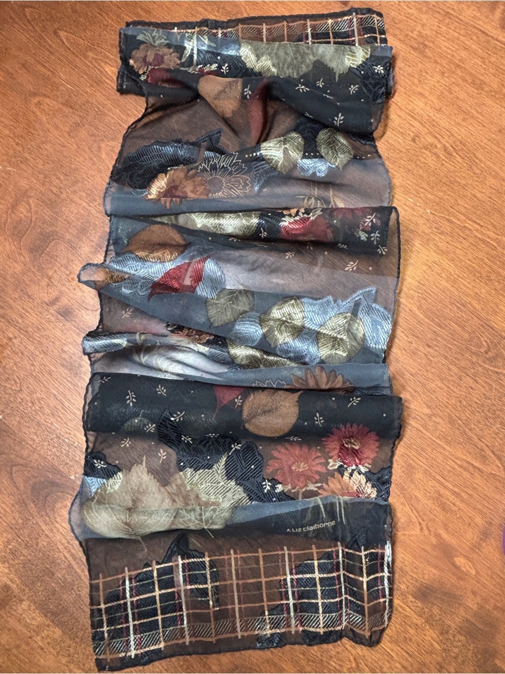 Liz Claiborne Sheer Floral Scarf in Black, Gold & Rust - Picture 6 of 7